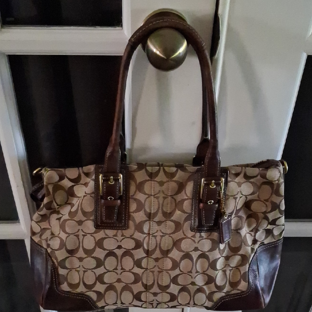 Coach Tan and Brown Signature Shoulder Bag